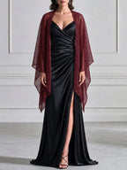 Ruched Satin Maxi Evening Gown With Glitter Mesh Shawl