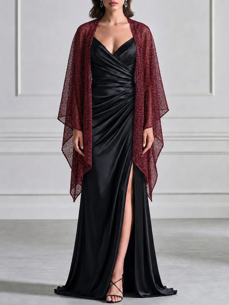 Ruched Satin Maxi Evening Gown With Glitter Mesh Shawl