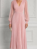 Pink Dress Fall Wedding Guest Dress Pleated Chiffon Maxi Dress