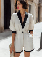 Contrast Collar Tailored Blouse And Shorts Set