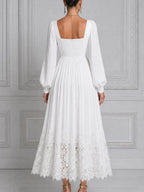 White Dress Lace Hem Square Neck Pleated Maxi Dress