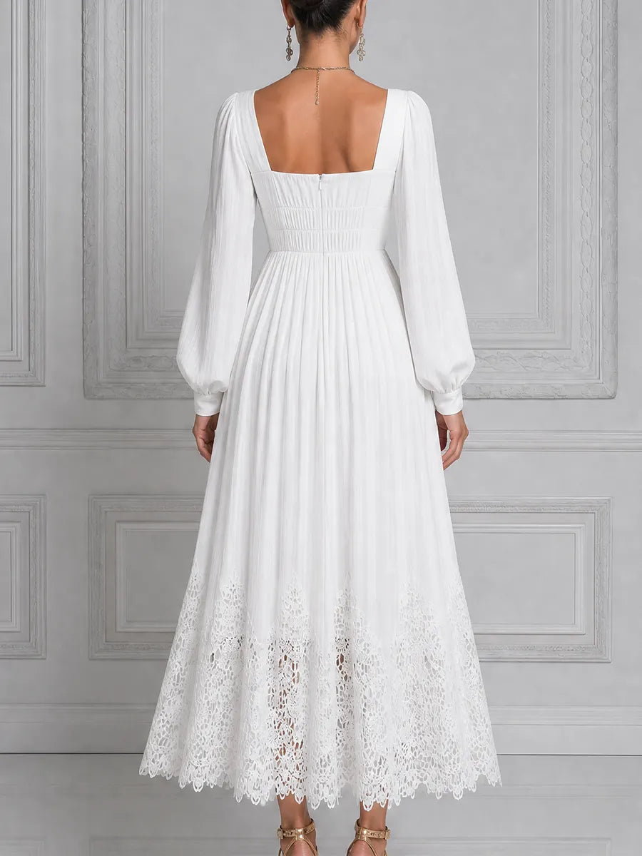 White Dress Lace Hem Square Neck Pleated Maxi Dress