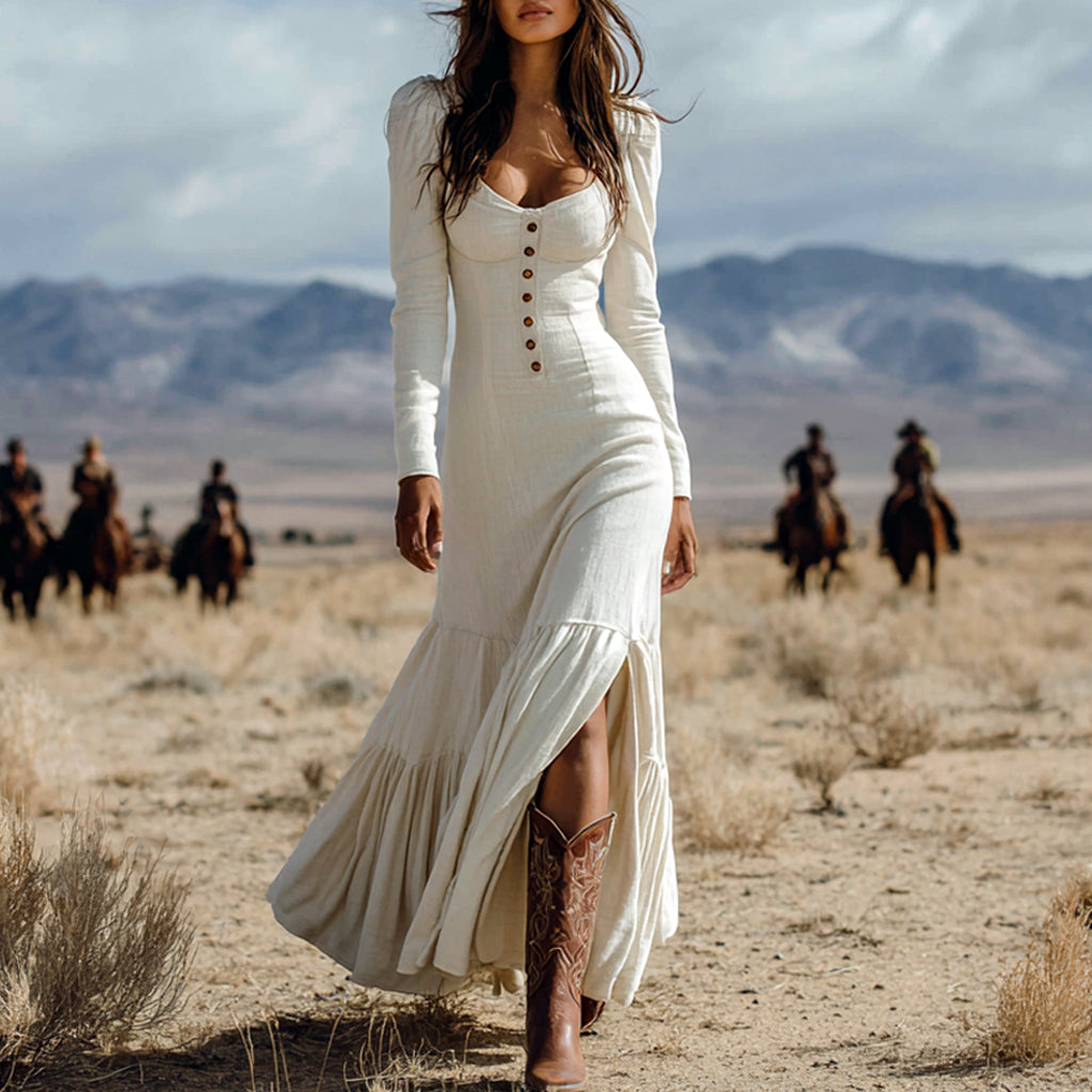 Women's Western Country Retro White Maxi Dress