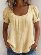 Women's Fashion Casual Solid Color U-neck Pleated Short-sleeve Shirt
