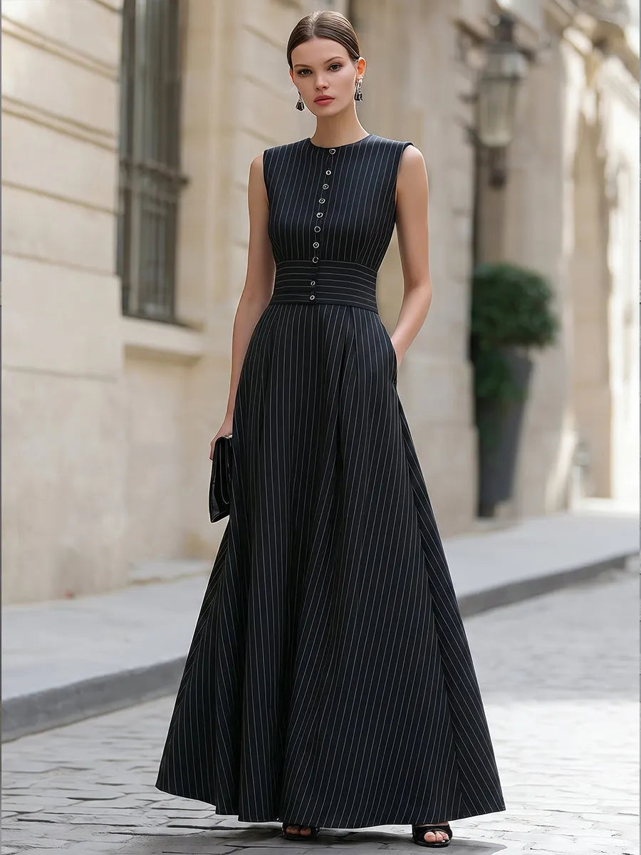 Pinstripe Sleeveless Buttoned Peplum Skirt Set