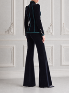 Black Contrast Trim Stand Collar Blazer & Flare Pants Set