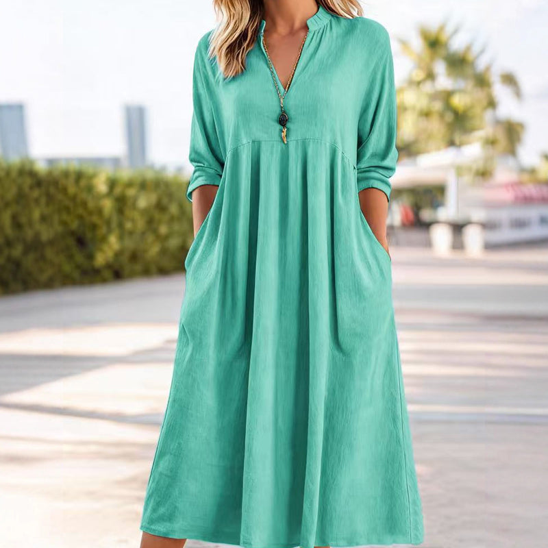 Women's Casual V-Neck Midi Dress with Pockets