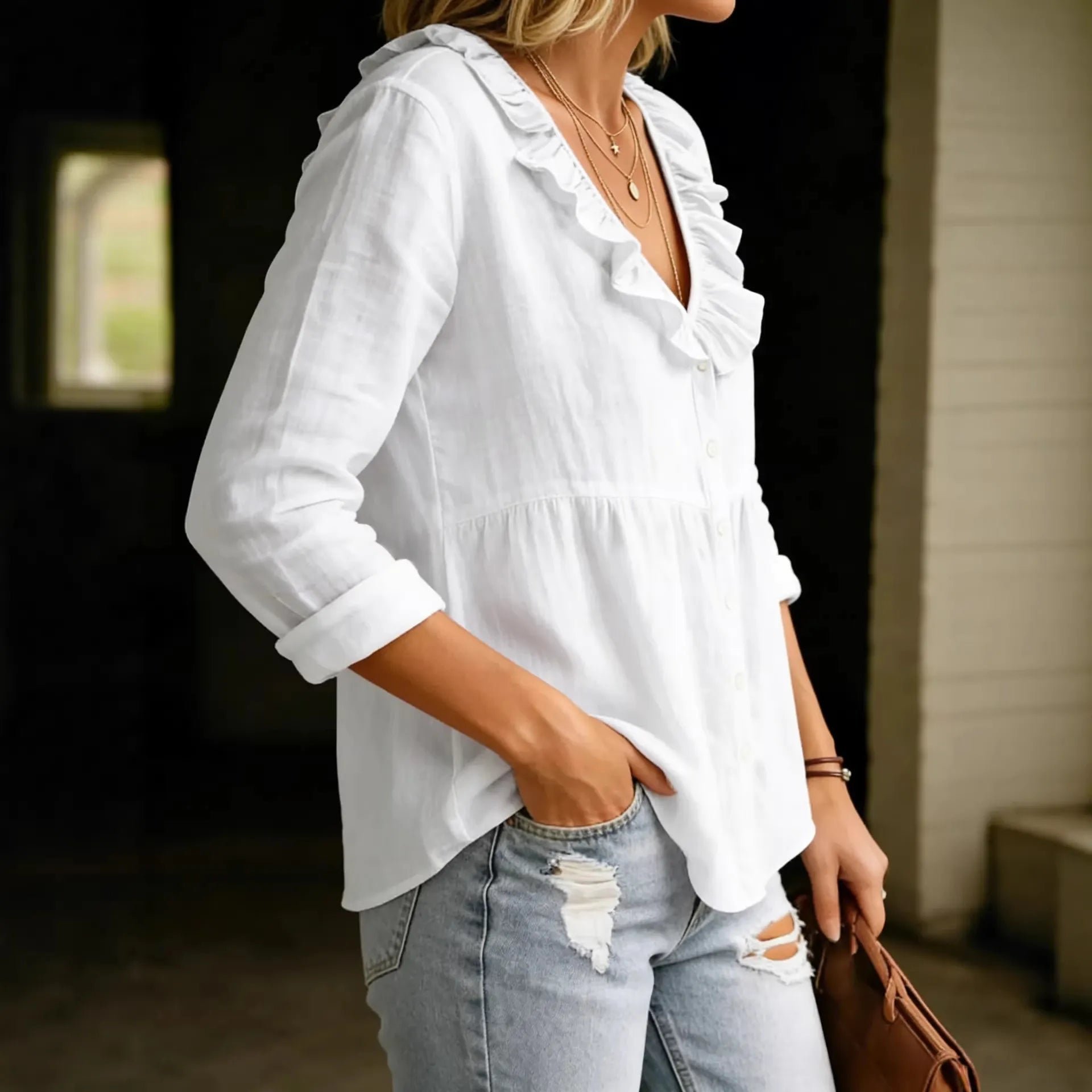 Casual Linen Ruffle Collar Shirt