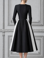 Black White Dress Fall Wedding Guest Dress Contrast Wrap A-Line Midi Dress