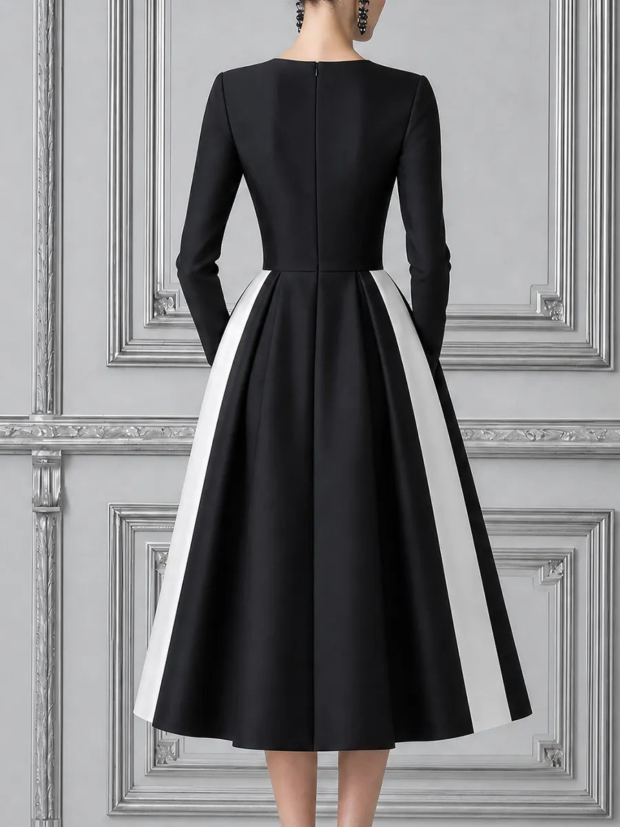Black White Dress Fall Wedding Guest Dress Contrast Wrap A-Line Midi Dress