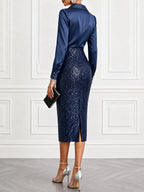 Midnight Navy Satin And Sequin Midi Dress