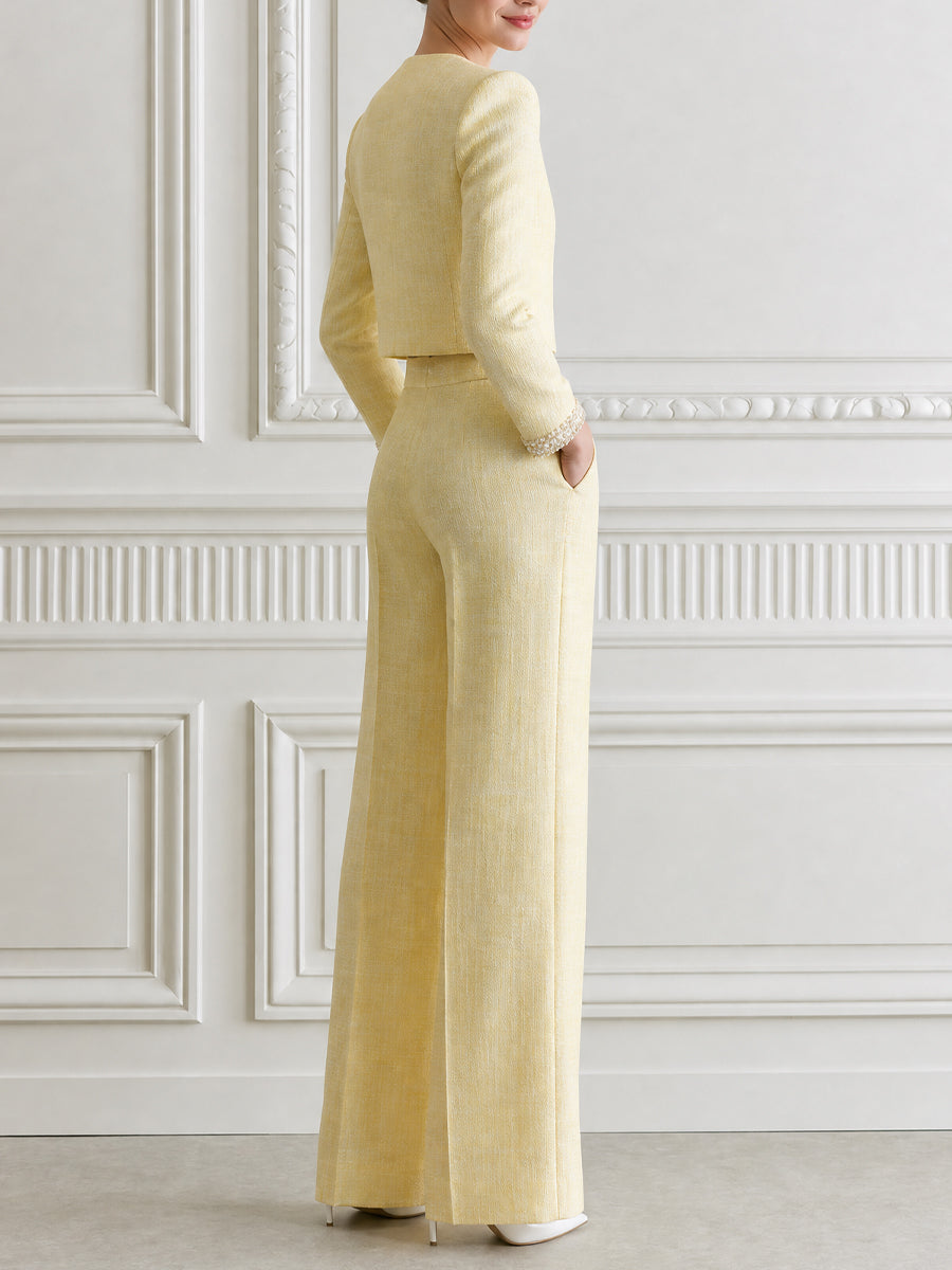 Tweed Jewel Button Crop Jacket & Wide Leg Pants Two-Piece Set