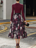 Ribbed Knit Top & Floral Pleated Midi Skirt Tailored Set