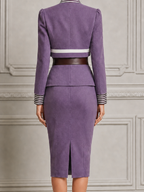Lavender Stripe Bow Neck Cropped Blazer & Pencil Midi Skirt Two-Piece Suit Set