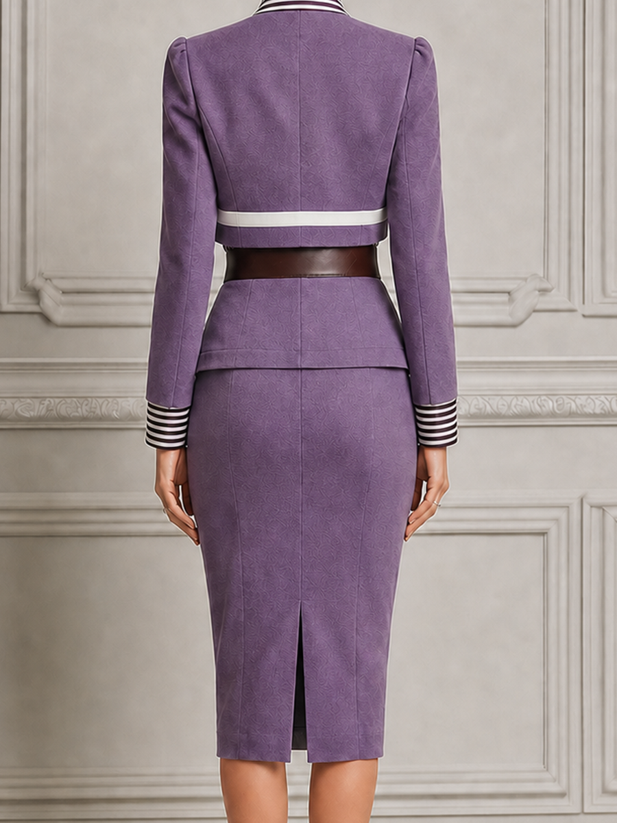 Lavender Stripe Bow Neck Cropped Blazer & Pencil Midi Skirt Two-Piece Suit Set