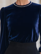 Beaded Neckline Velvet Gathered-Shoulder Top