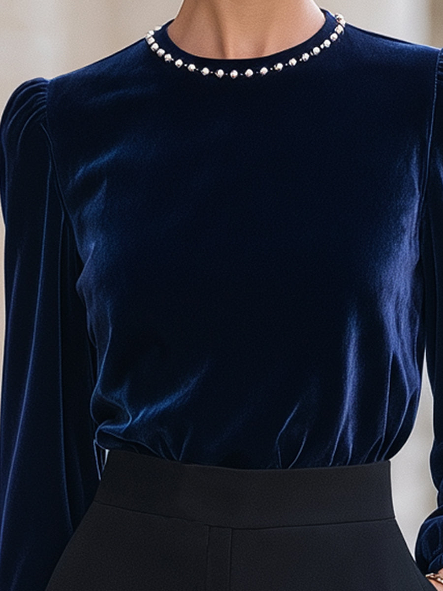 Beaded Neckline Velvet Gathered-Shoulder Top