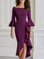 Bell Sleeve Asymmetrical Ruffle Formal Evening Gown