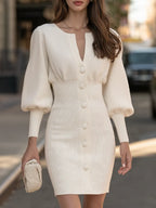 V-Neck Button Front Lantern Sleeve Ribbed Knit Bodycon Sweater Dress