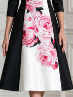 Pink Peony Print Boat Neck Color Block Satin Midi Dress