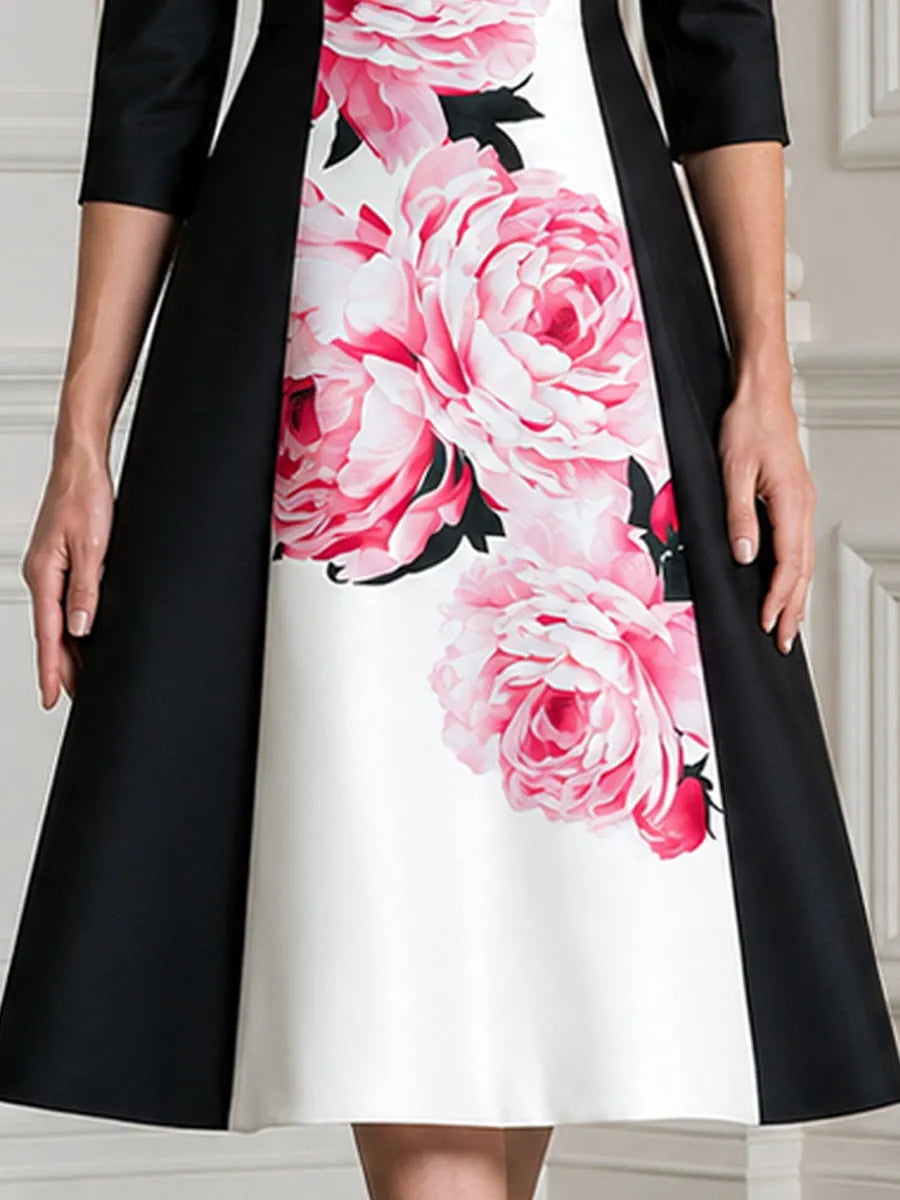 Pink Peony Print Boat Neck Color Block Satin Midi Dress
