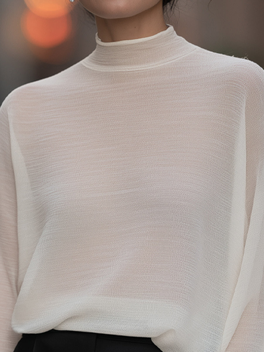 Semi-Sheer High-Neck Batwing Knit Sweater