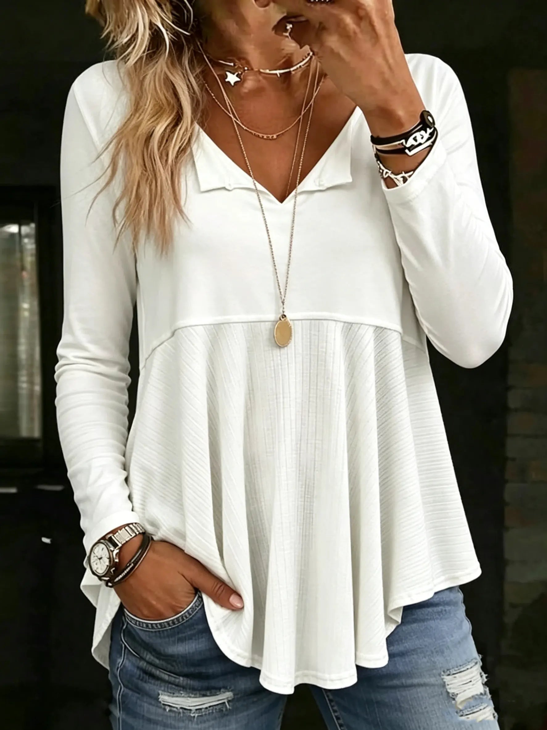 Women's V Neck Long Sleeve Babydoll Top Pleated Peplum Tunic Blouse