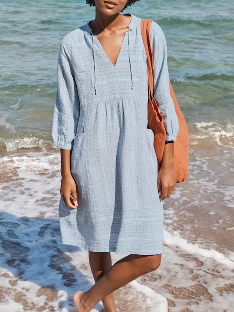 Women's Solid Color Loose Elegant Casual V-neck Pocket Cotton And Linen Dress