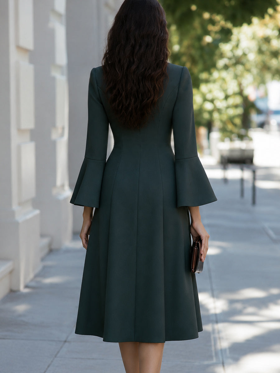 Button-Front Flared Sleeve Patch Pockets Midi Dress