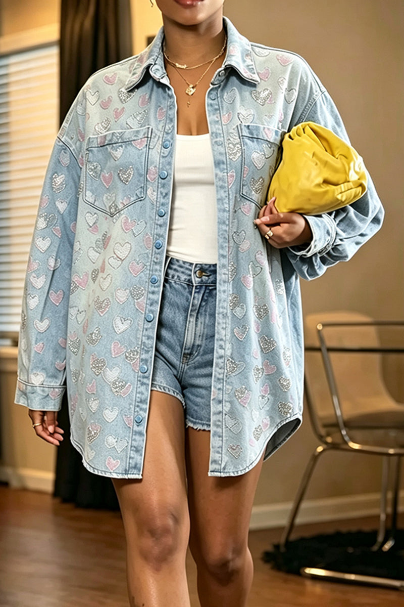 Women's Casual Loose Heart Pattern Hot-Fix Rhinestone Denim Jacket