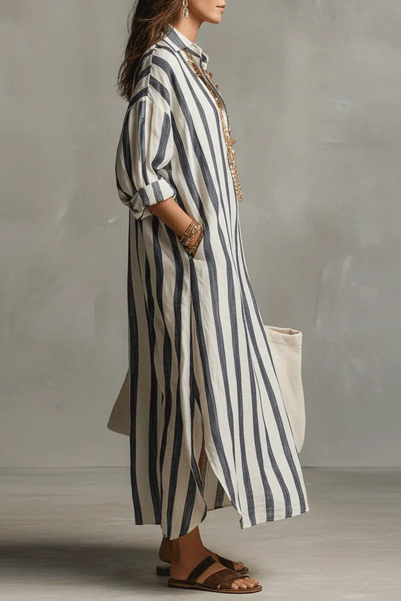 Casual Striped Shirt Bohemian Style Maxi Dress