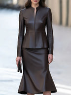 Chocolate Brown Leather Jacket With Mermaid Midi Skirt Set