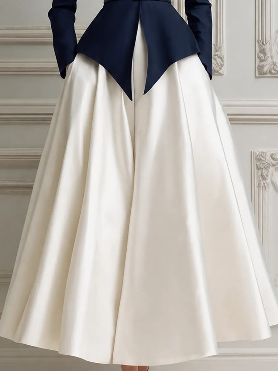 Navy Stand Collar Peplum Jacket &  A-Line Midi Skirt Two-Piece Suit Set