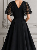 Black Lace Dress Fall Wedding Guest Dress Cape Sleeve A-Line Midi Dress