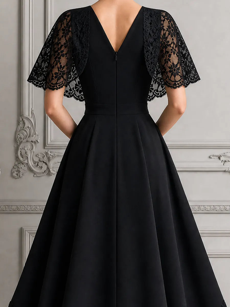 Black Lace Dress Fall Wedding Guest Dress Cape Sleeve A-Line Midi Dress