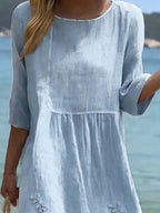 Women's Casual  Round Neck Mid Sleeve Print Cotton and Linen Dress