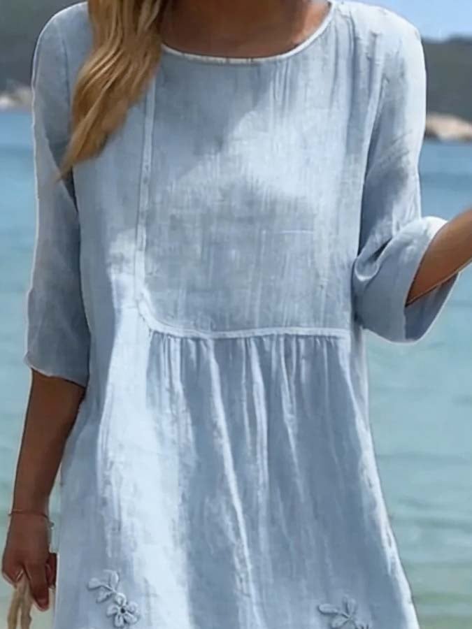 Women's Casual  Round Neck Mid Sleeve Print Cotton and Linen Dress