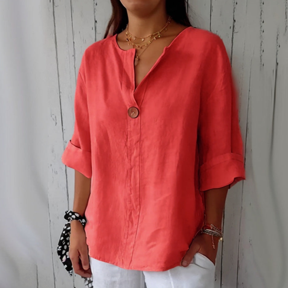 Solid Color Linen Blend Loose Blouse