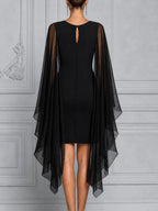 Black Sheer Chiffon Cape Sleeve  Overlay Pencil  Dress