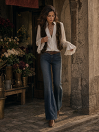 White Zip-Front Blouse With Flounce Cuffs