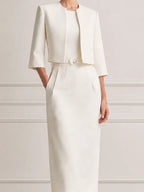 Ivory Collarless Cropped Jacket & Belted Pencil Midi Dress Two-Piece Suit Set