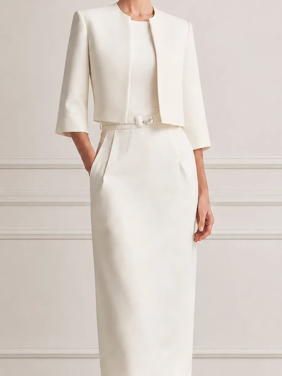 Ivory Collarless Cropped Jacket & Belted Pencil Midi Dress Two-Piece Suit Set