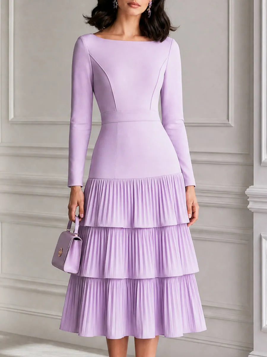 Lilac Spliced Tiered Pleated Boat Neck Midi Dress