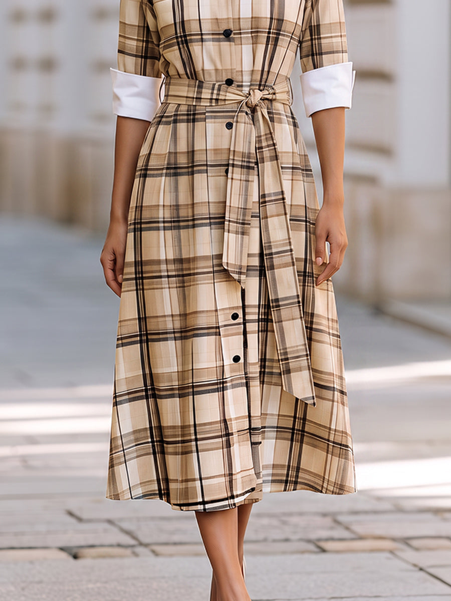Plaid Belted Shirt Midi Dress