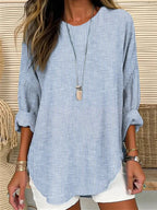 Vintage Striped Crew Neck Linen Blend Tunic