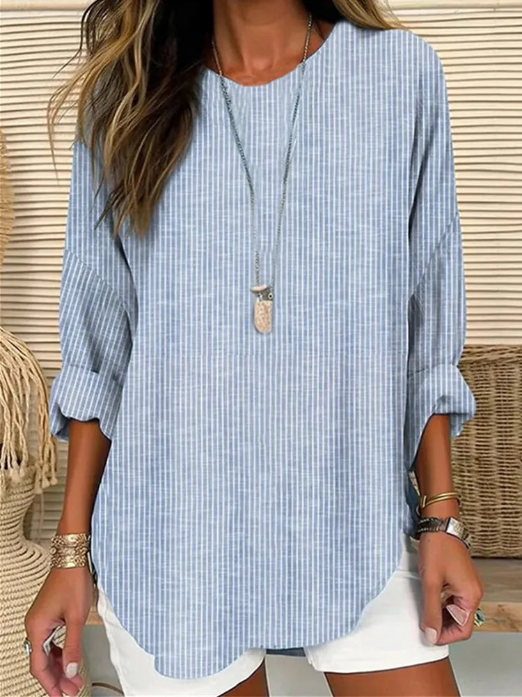 Vintage Striped Crew Neck Linen Blend Tunic