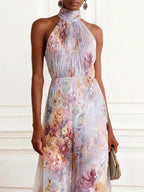 Light Purple Floral Chiffon Halter Neck Pleated Sleeveless Maxi Dress