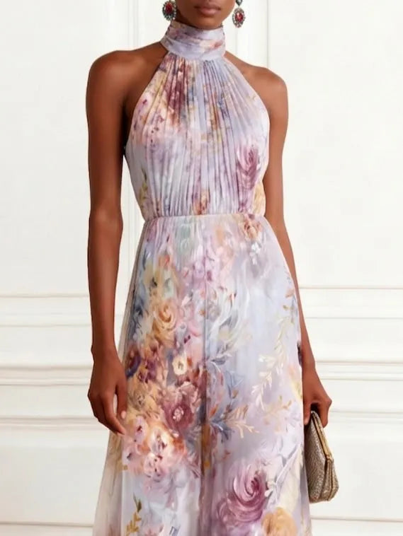 Light Purple Floral Chiffon Halter Neck Pleated Sleeveless Maxi Dress