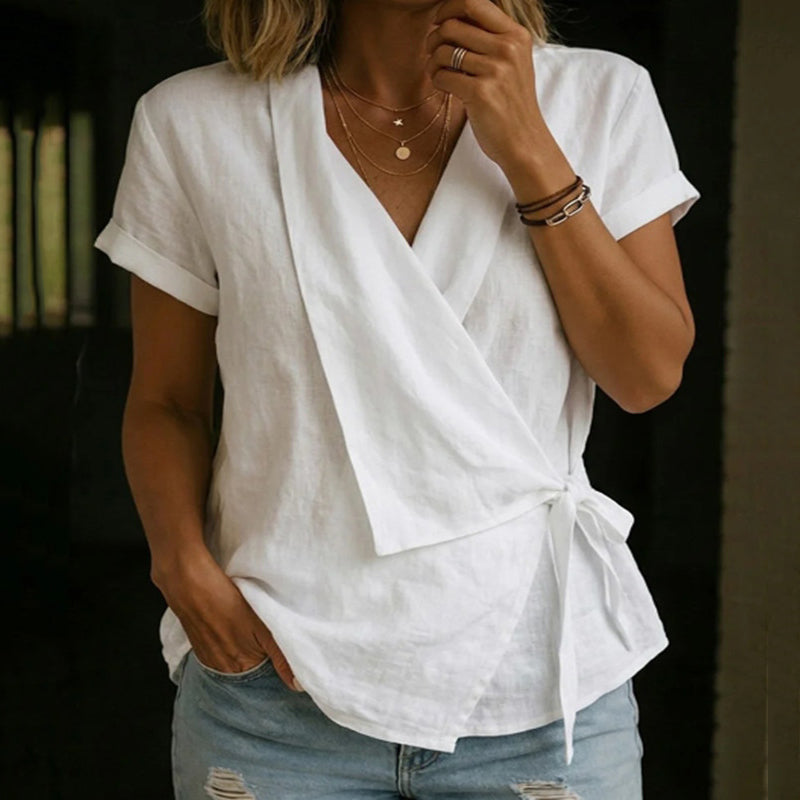Women's Solid Color Short Sleeve Linen Blend Shirt