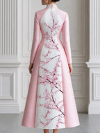 Pink Satin Plum Blossom Print Panel Stand Collar Maxi Dress